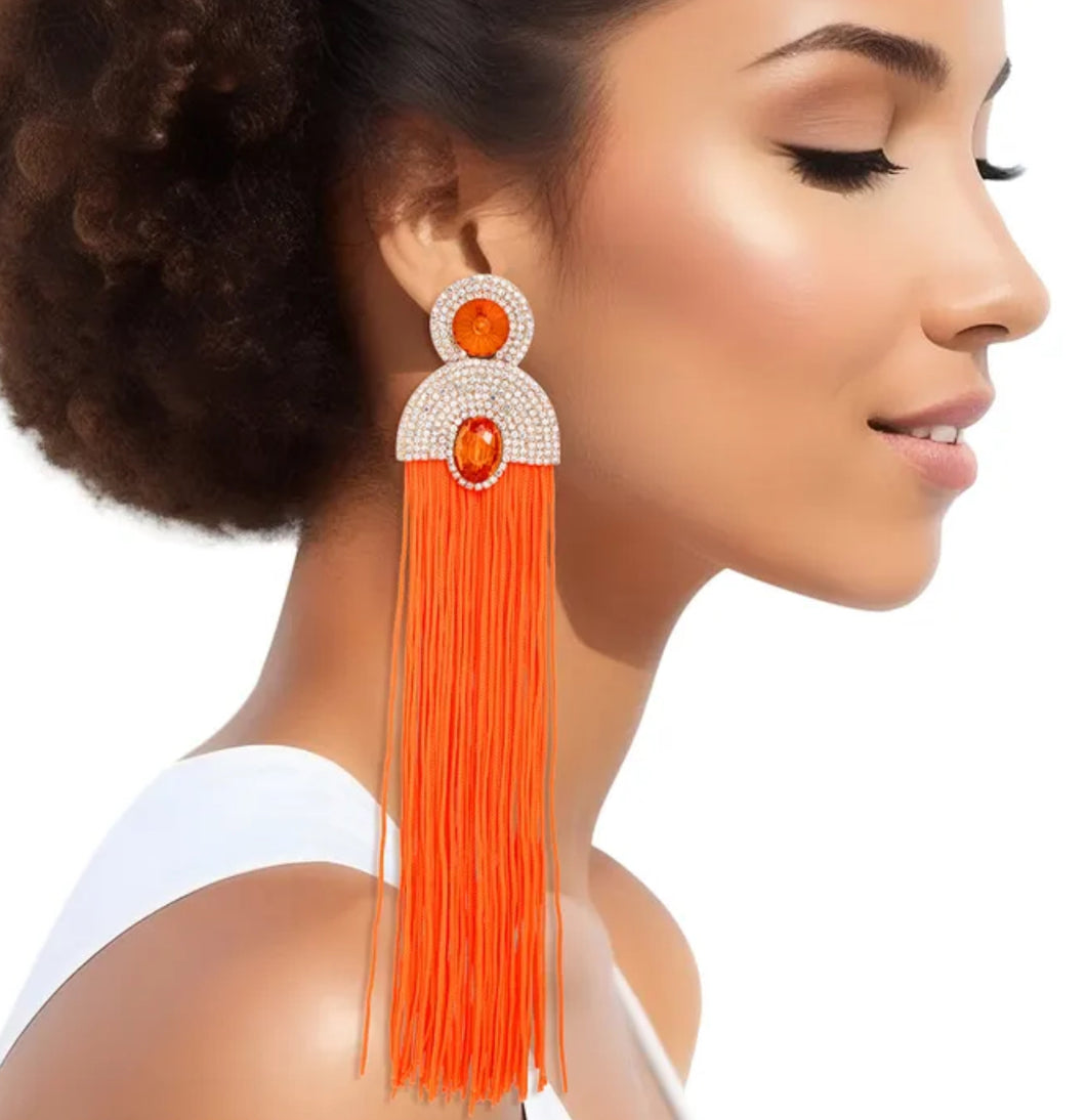 Ms. Orange Fringe Rhinestone Earrings