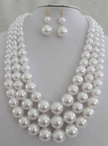 Ms. 3 Strand (white) Pearl Necklace & Earring Set