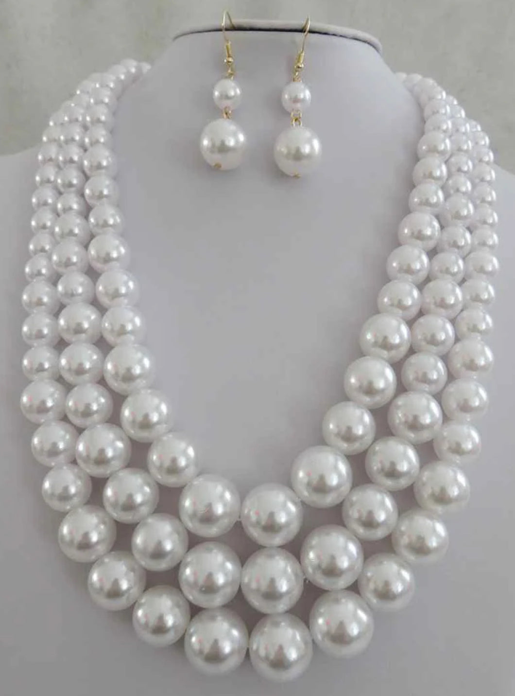 Ms. 3 Strand (white) Pearl Necklace & Earring Set